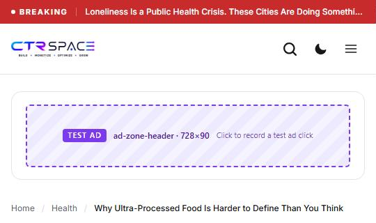 CTRSpace demo article with a reserved 728 by 90 header ad zone between the site header and the article breadcrumb