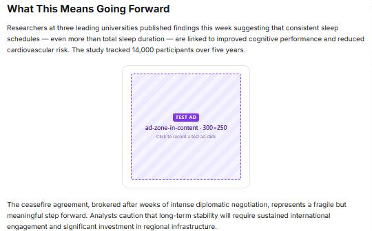 CTRSpace demo article with a 300 by 250 in-content ad zone placed between two paragraphs