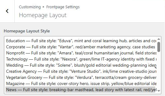 WordPress Customizer Homepage Layout setting listing CTRSpace site styles such as Education, Corporate, Nonprofit, Technology, Wedding, Magazine and News