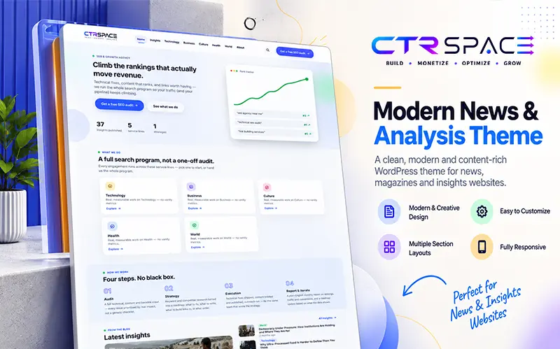 CTRSpace WordPress theme preview featuring an SEO-focused website with a rankings headline, growth chart, service sections and a blue-and-white design.