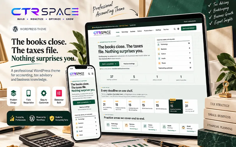 CTRSpace Accounting WordPress theme preview showing desktop and mobile website layouts, accounting articles, tax deadlines and a green-and-white design.