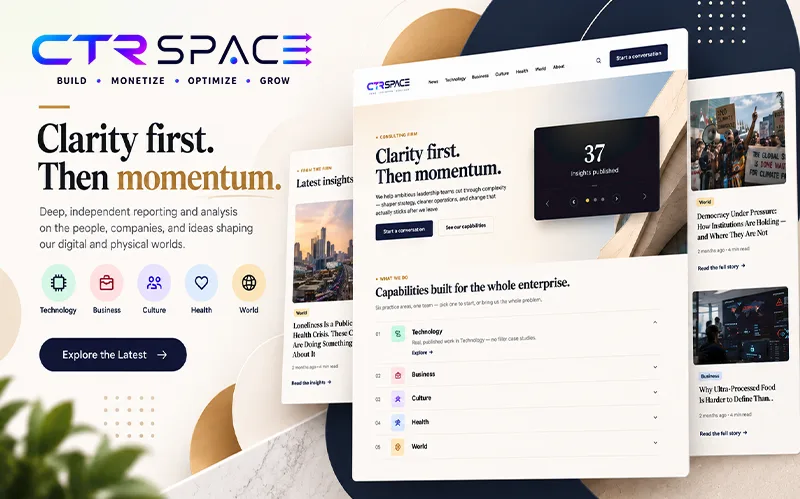 CTRSpace WordPress theme preview showing a modern responsive editorial blog design with technology, business, culture, health and world content sections.