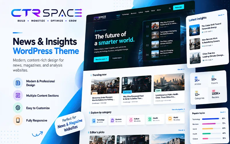 CTRSpace WordPress theme preview featuring a modern news and insights blog with responsive layouts, article cards, trending stories and organized content categories.