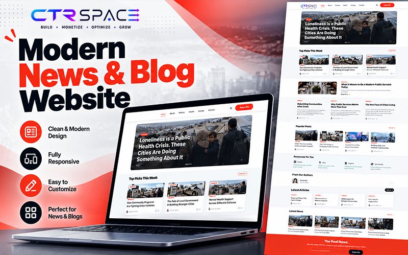 CTRSpace modern news and blog WordPress theme preview showing responsive website layouts on a laptop and desktop with a clean editorial design.