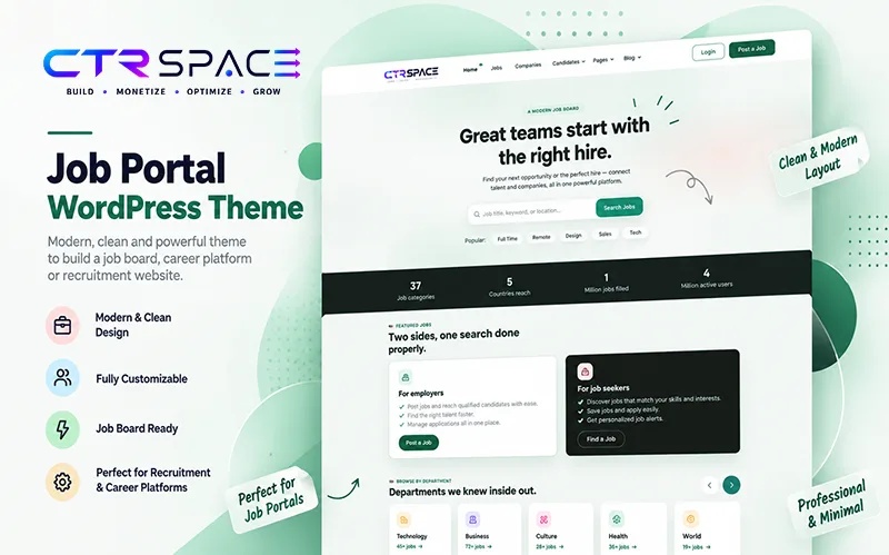 CTRSpace Job Portal WordPress theme preview featuring a modern recruitment website layout with job search, employer and job seeker sections, and category navigation.