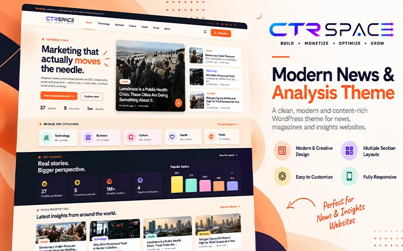 CTRSpace WordPress theme preview featuring a modern editorial website with marketing headlines, featured articles, category navigation and news layouts.