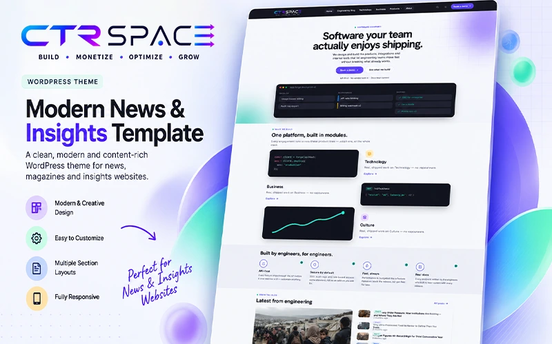 CTRSpace Software Company WordPress theme preview featuring a modern website layout with engineering content, code examples, technology sections and article previews.
