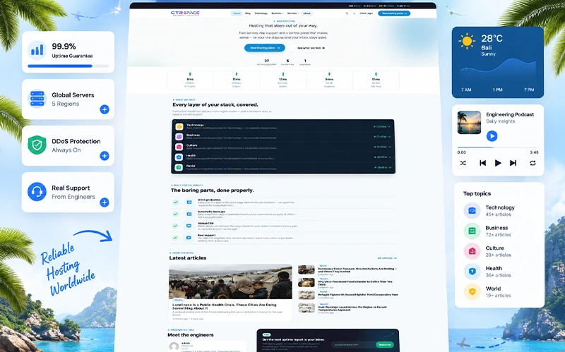 CTRSpace web hosting WordPress theme preview featuring a modern website layout with hosting statistics, server features, technology articles and blog categories.